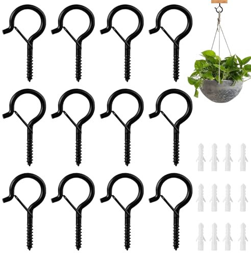Screw in Hooks, 12 Pcs Screw Hooks Outdoor, Q Hanger Hook with Expansion Tubes for Garden Lights, Plants, Fence, Bird Feeders, Celling, Christmas Decor, Windproof Easy Release (Black)