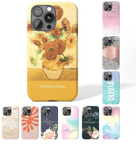 Tirita Personalised Phone Case for iPhone 13 Pro – Hard Case or Cover With Custom Name or Initials – Cute Personalised Gift for Women or Girls [14. Van Gogh Sunflowers]
