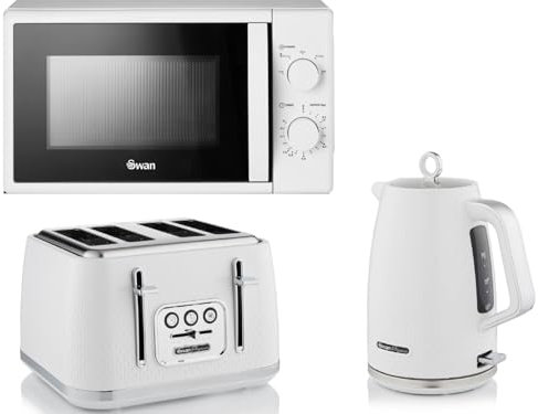 Swan Elegance White 1.7L 3KW Kettle, 4 Slice Toaster and 700W 20L Microwave SM4420WHT. Contemporary Matching Kitchen Set with a Sleek White Finish