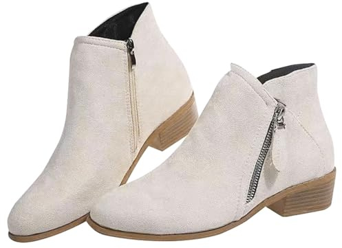 Generisch Stivaletti da donna, corti, da cowboy, con cerniera, per autunno e inverno, estivi, con tacco a blocco, per le mezze stagioni, bianco, 37 EU