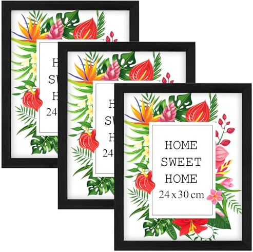 MG Design Lot de 3 Cadres Photo 24 x 30 cm en Bois Massif – Noir, avec Verre Acrylique – à Suspendre ou à Poser, Orientation Verticale ou Horizontale – pour Photos, Affiches, Puzzles