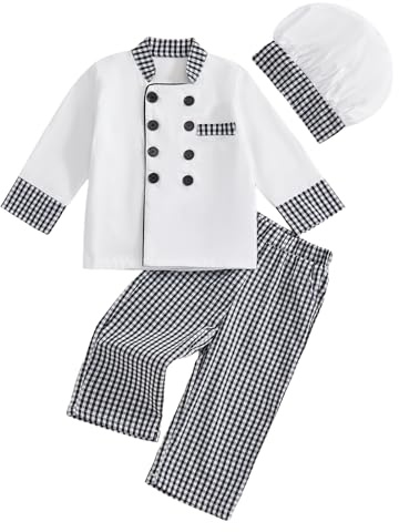 JCOPLY Unisex Toddler Baby Chef Outfit Kids Boys Girls Baker Clothes Long Sleeve Button Up Tops Plaid Trousers with Hat 3 Piece Set 2-7Y for All Season