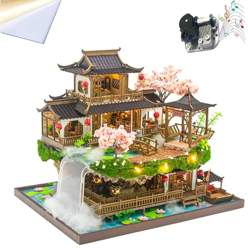 Maisons de poupée DIY, maison miniature pour adultes avec éclairage LED, puzzle de chambre 3D et serre-livres - Kit créatif de décoration d'étagère vintage chinois (avec protection contre la poussière