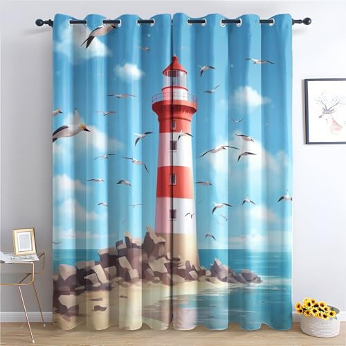 Venivici Leuchtturm Vorhänge Wohnzimmer Schlafzimmer - Nautisch Maritim Vorhang mit ösen, Gardinen Blickdicht, Verdunklungsvorhänge Kinderzimmer, Thermovorhang 2er Set, H 175 x B 140 cm