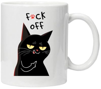 Hilarious Cats Mug Sarcastic Slogan Tea Coffee Ceramic Mugs Cup Gift Idea Black Cat Tabby Funny Cute Boxed (F*ck Off - Black Cat)