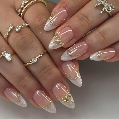 Almond False Nails Long - 24PCS Press on Nails French Tip - 3D Gold Bow & Liner Fake nails with Glue - French Manicure Stick on Nails - Strong Acrylic Nail Tips Glue on nails for Women DIY Nail Art