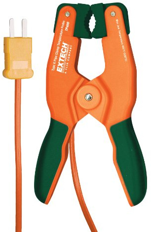 Extech TP400 High Temp Type K Pipe Clamp Probe, -4 to 450F | Hands-free pipe clamp, fits 0.25-1.5in pipes, -4 to 450F, spring-loaded jaw, mini Type K connector, HVAC