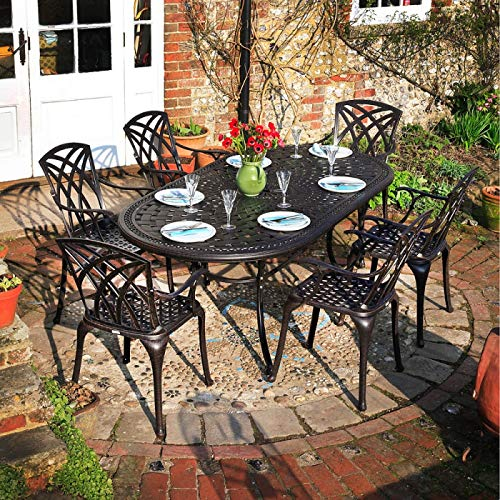 Lazy Susan - Catherine 210 x 105 cm Ovaler Gartentisch mit 6 Stühlen - Gartenmöbel Set aus Metall, Antik Bronze (April Stühle, Blaue Kissen)
