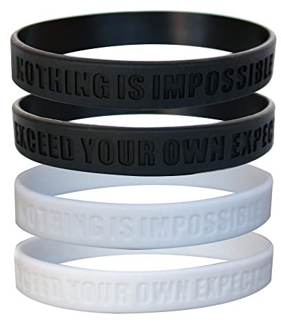 Nothing is Impossible, Exceed Your Own Expectations Motivational Silicone Wristbands, Rubberband Bracelets for Fitness, Workouts, Exercise, Basketball, Lifting, (Black & White 4 Pack (2 Each))