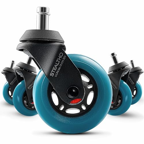 Stealtho Advanced Office Chair Wheels Set 5 Heavy Duty Casters - Silent Rolling Protection Hardwood Floors Carpets No Mat Needed - Soft Navy Polyurethane Standard Replacement 7/16 x7/8 Stem