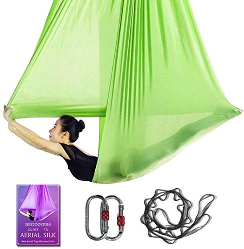 Aerial Yoga Hängematte L: 5M B: 2,8M Aerial Pilates Seiden Yoga Schaukel Set mit 2000 Ibs Last Inklusive Daisy Chain, Pose Guide (Hellgrün)