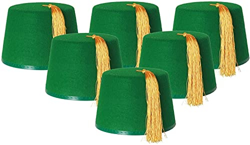 ILOVEFANCYDRESS 6 Stück Grün Filz Fez Hüte mit Gold Quaste - Uni Erwachsene - Perfekt für 1980er Jahre Verkleidung Party