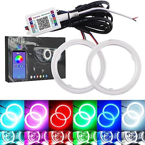 Qasim 1 Par de LED COB Faros Halo Anillo Ojo de ángel Angel Eyes Universal para Moto Faro Lámpara de Advertencia DRL con Cubierta Control de Móviles Bluetooth DC12V 120MM 120SMD