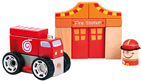 Bino 84094 - Holzwürfel Feuerwehr, 18tlg., bunt, kombiniert aus Sperrholz, Buchenholz, ABS und Rädern aus PPR. Aus den diversen Steckklötzchen EIN Feuerwehrauto und eine Feuerwache.