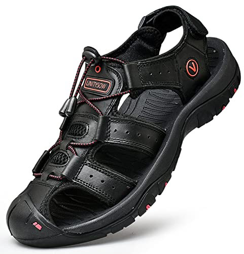 Unitysow Sandales de Marche Homme Bout Fermé Cuir Sandales Extérieur Sandales de Sport Trekking Randonnée Sandales Été Nu Pied Plage Sandales 39-46,Noir,Taille 42