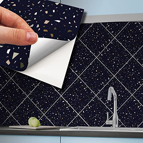 WALPLUS 24 Stück 15x15cm Dunkelblau Metallic Silber Terrazzo Blue Aluminium Folie Wandfliesen Aufkleber Abziehen und Kleben Backsplash Abziehbilder Startseite Dekore Aufkantung für Küche Badezimmer