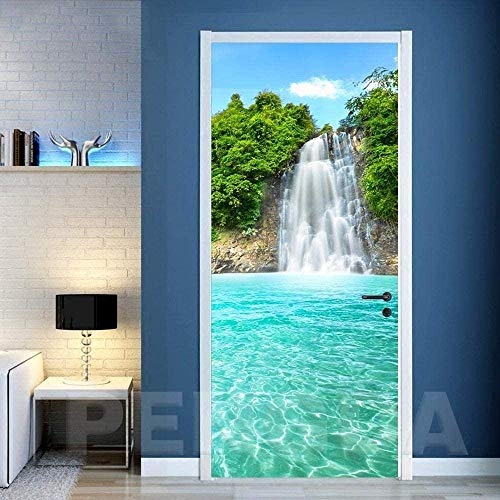 3D Verschönern Türaufkleber Tür Tapete -Wasserfall Baumlandschaft Türtapete Selbstklebend TürPoster - Fototapete Türfolie Poster Tapete Meer Aufkleber DIY Selbstklebende Wandbild-2Stück,38.5x200cm