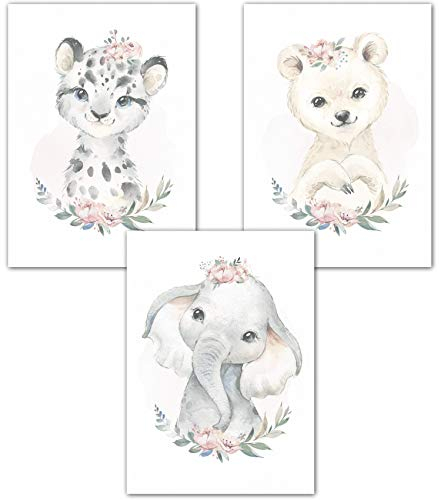 Lemmami Papeterie 3er Set Tierbilder Wandbilder Kinderzimmer Babyzimmer Poster Bilder Mädchen Jungen Deko Dekoration Dschungel Safari Elefant Eisbär Schneeleopard (3er Bilder Set Wanddeko)