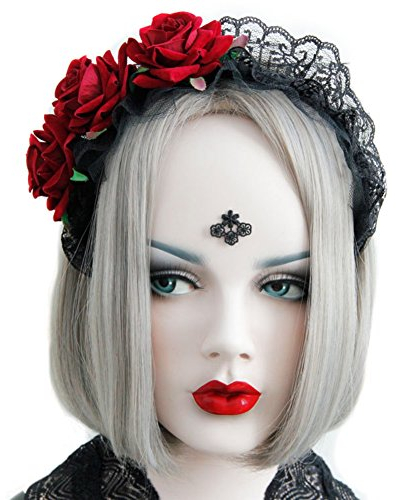Rose Haarband Blumenkrone Stirnband Kopfschmuck für Mädchen Damen Floral Headwear Festival Gothic Schwarze Spitze Haarreif für Halloween Kostümzubehör, Cosplay, Festival Vintage Fancy Deko (2)