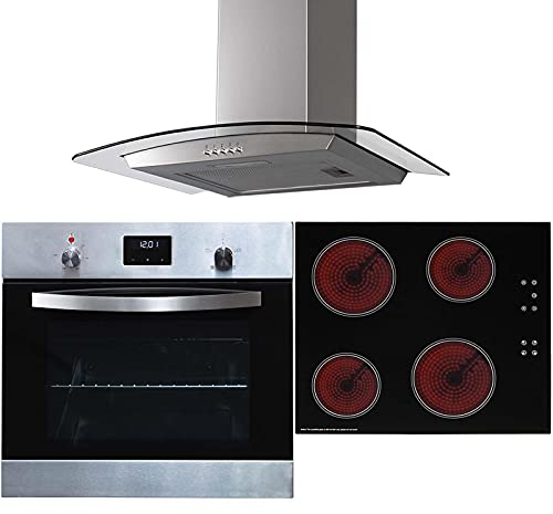 SIA SO114SS 60cm Stainless Steel Digital Electric Single Fan Oven, CERH60BL 4 Zone Ceramic Hob With Child Lock & CGH60SS Curved Glass Cooker Hood