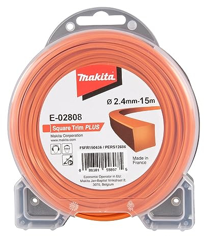 Makita E-02808 Mähfaden Vierkant 2,4 mm x 15 m Square Trim PLUS Trimmerfaden, Nylon, orange, für Rasentrimmer und Freischneider