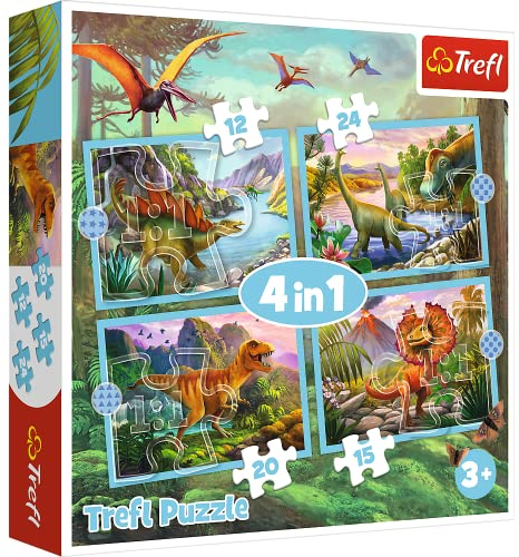 Trefl - Außergewöhnliche Dinos - Puzzle 4 in 1-4 Puzzles, von 12 bis 24 Elementen - Puzzle mit Dinosauriern Verschiedene Schwierigkeitsgrade Unterhaltung für Kinder ab 3 Jahren
