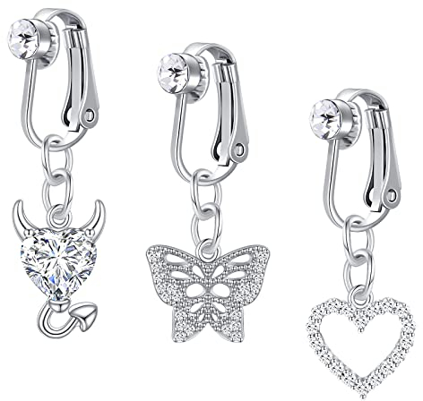 Crdifu 3stk Fake Bauchnabelpiercings Klemme Kein Piercing Bauchnabel Clips Rings Silber Herz Schmetterling