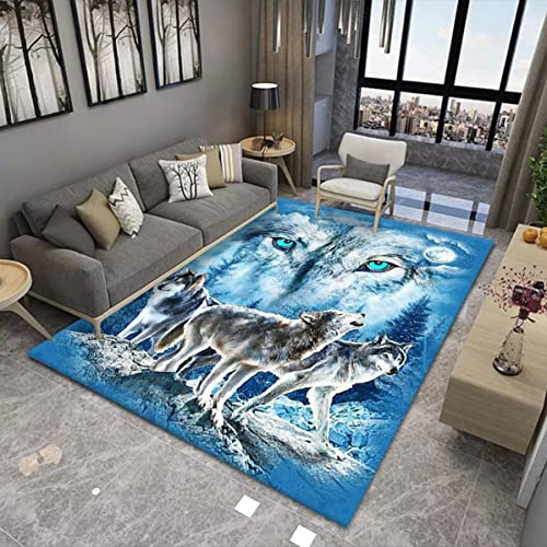 Xisnuient Teppich mit 3D-Tier Junge Mädchen Schlafzimmer Flanell Rug für Wohnzimmer Moderne rutschfeste Bodenmatte Kinder Baby Spielunterlage,Löwe Tiger Flamingo Gepard Wolf Druck (Blau,160x200 cm)