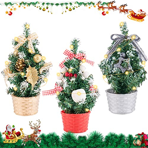 Mini Árbol de Navidad Artificial, 3 Piezas de 20cm Mini Árbol de Navidad de Mesa, Mini Árbol de Pino de Navidad con Adornos Bolas Bowknot para Decoración Navideña