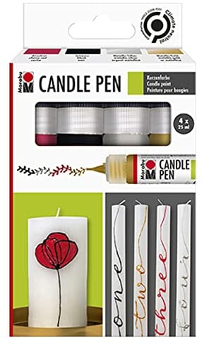 Marabu 1805000000086 - Kerzenstifte Candle Pen, 4 x 25 ml Farbe auf Wasserbasis, lichtecht, geruchsneutral, wetterfest, für kinderleichte Kerzendekoration, 4 Farben