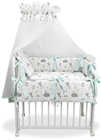 Baby Delux Beistellbett Set Babybett Komplett Set Stubenwagen weiß 90x40 mobil mit Rädern inkl. Bettwäsche Matratze (Waldgeflüster)