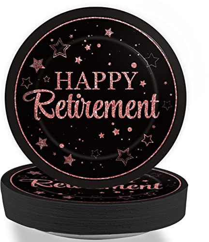 Wiooffen 48Pcs Retirement Paper Plates Party Supplies Happy Retirement Dessert Cake 7 inch Plates Tableware Set Pink and Black Retired Dinnerware for Woman Graduations Decorations Favors