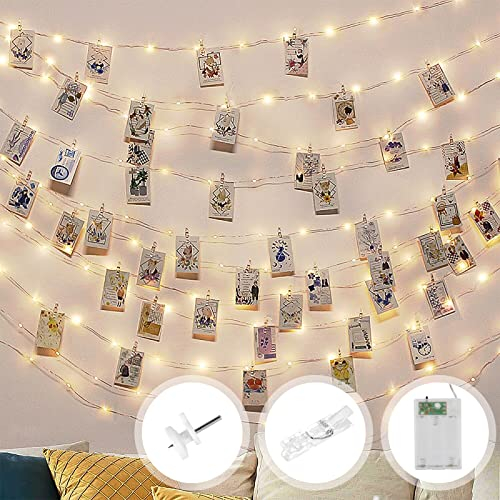 LURICO Fotowand für Zimmer Deko, Lichterkette mit Klammern für Fotos 5M 50LED Foto Batteriebetriebene Fotoclips für Wohnzimmer, Weihnachten, Hochzeiten, Party Bilder Aufhängen