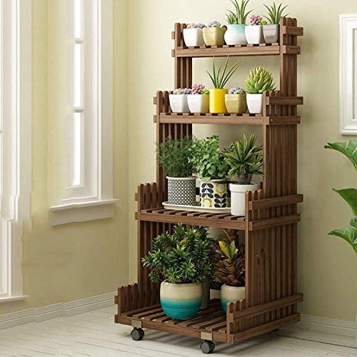 SWEGN 4-stufiger Pflanzenständer aus Holz, mehrere Blumentopfhalter, Leiterregal, Gestell, Blumenständer-Organizer für drinnen und draußen, Haus, Garten, Balkon, Terrasse mit Riemenscheibe, Log-4l
