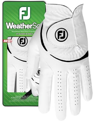 FootJoy WeatherSof Golfhandschuh für Damen, weiß, Größe M, auf der linken Hand getragen