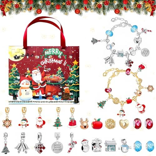 Charm Bracelet Advent Calendar 2024, 22 Charms Beads+2 Bracelets Advent Calendar Charm Bracelet, DIY Ideas Christmas Ornaments Advent Calendar Bracelet, Advent Calendar for Girls and Kids, 24 PCS
