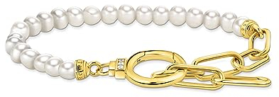 THOMAS SABO 2 Armband aus Perlen und Ankerelementen mit weißen Steinen vergoldet 750 Gelbgold Vergoldung, 925 Sterlingsilber A2134-445-14