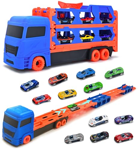 Cugybue Camion Giocattolo per Bambini,Auto Giocattolo Pista Portatile con 12 Auto da Corsa,Camion Macchinine per Bambini Set Giocattolo Veicolo di Trasporto,Blu