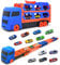 Cugybue Camion Giocattolo per Bambini,Auto Giocattolo Pista Portatile con 12 Auto da Corsa,Camion Macchinine per Bambini Set Giocattolo Veicolo di Trasporto,Blu
