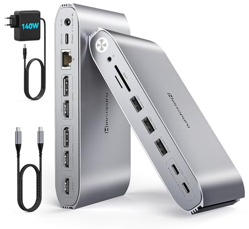 Minisopuru Upgrade DisplayLink Docking Station mit 140W Power Adapter, 45W Aufladen, 10 Gbps, USB C Dockingstation für MacBook M4/M3/M2/M1/Windows(3 x HDMI, 2 x DisplayPort, 5 x USB, Ethernet, TF/SD)