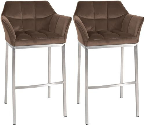 CLP Barhocker 2er Set mit Lehne Damaso, Barstühle gepolstert mit Samtbezug, Vierfußgestelle aus Metall, Tresenhocker bis 240 kg belastbar, Farbe:braun, Material Gestell:Edelstahl