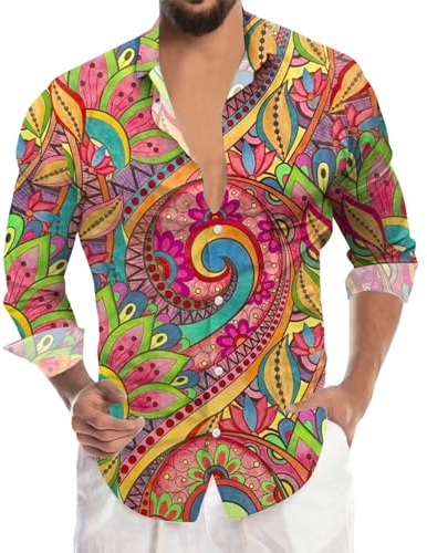 Karneval Kostüm Herren - Disco 80er Jahre für Karneval Party Kostüm Faschingskostüme Freizeithemden Ausgefallene mit Masken Aufdruck Karneval Kostüm Herrenhemden Hippie Buntes Langarm Outfit Hemd