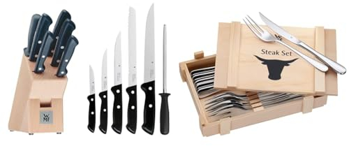 WMF Classic Line Messerblock mit Messerset 7-teilig & Steakbesteck 12-teilig, Steakbesteck Set für 6 Personen, Steakmesser Set, Steakgabel, Cromargan Edelstahl poliert, Grillbesteck in Holzkiste