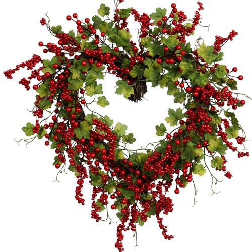 Pudate Corona de primavera y verano de 22 pulgadas, corona de bayas rojas con hiedra para decoración de pared de puerta delantera, interior y exterior