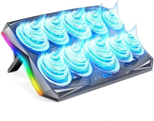 10 Quiet Cooling Fans Laptop Cooling Pad Gaming Laptop Cooler for 15.6-17.3 inch Laptops, 7 Height Stand, LED Lights & LCD Screen, 2 USB Ports