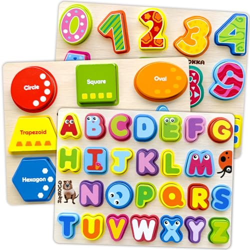 QUOKKA Baby Educational Toys for 1 2 3 Year Old Boys and Girls - 3 Set Wooden Chunky Puzzles for 2 3 Year Old - Learning Resources with Alphabet Shapes and Numbers - Toddler Gift Games
