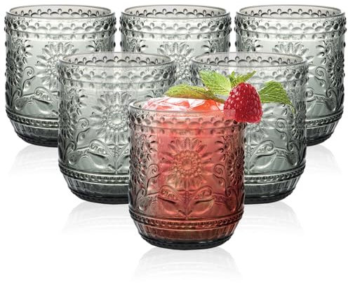 Ulable Drinking Glasses Set of 6-360ml/12oz Vintage Tumbler Glasses - Decorative Floral Embossed Water Glasses - Heavy Duty Glassware Beverages Tumblers for Whisky, Beer, Juice, Wine, Grey
