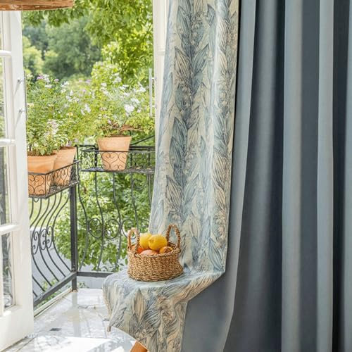 Bishilin Gardinen Blickdicht 2er Set Blau, Vorhänge Verdunklung Haken für Schiene 132x244CM Verbinden Landhausstil mit Blumen Motiv Verdunkelungsvorhänge Kinderzimmer Schlafzimmer Wohnzimmer