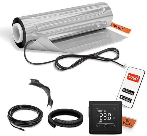 EH Expert AluPROFI -80 W/m²- 12 m² -Heizmatten-Set für schwimmende Bodenbeläge –Elektrische Fußbodenheizung für Vinyl, Laminat, Parkett– mit WLAN-Touchthermostat und Installationsmaterial (Schwarz)
