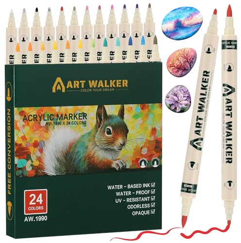 JIANTA Feutre Acrylique 24 Couleurs Marqueur Peinture Acrylique, Acrylic Paint Marker Double Pointe Peinture Acryliques Pinceau pour Peinture sur Roche, Verre, Pierre, Bois, Céramique